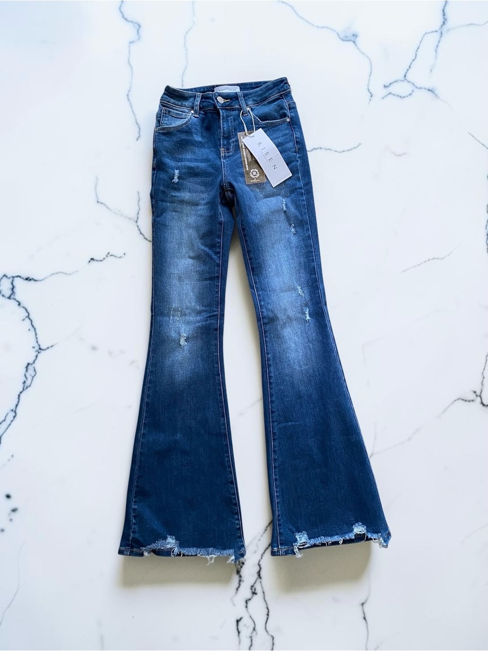 RISEN High-Rise Dark Blue Flare Jeans with Distressed Hem